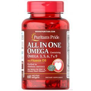 Омега 3-5-6-7-9 и витамин Д3, All In One Omega 3, 5, 6, 7 & 9 with Vitamin D3, Puritan's Pride, 60 капсул