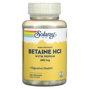 Бетаин HCl + пепсин, Betaine HCL with Pepsin, Solaray, высокоэффективный, 650 мг, 100 вегетарианских капсул