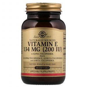 Витамин Е, Vitamin E, Solgar, натуральный, 134 мг (200 МЕ), 100 гелевых капсул

