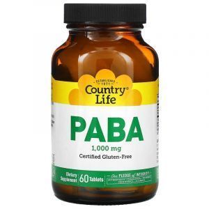 Витамин В10, Пара-аминобензойная кислота, PABA, Country Life, 1000 мг, 60 таблеток