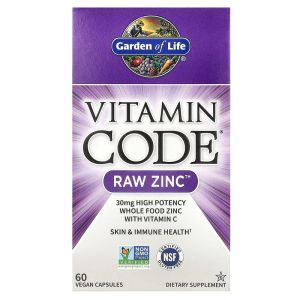 Сырой Цинк с витамином С, Vitamin Code, Raw Zinc, Garden of Life, Vitamin Code, 60 капсул