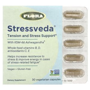 Поддержка напряжения и стресса с ашвагандой KSM-66, Stressveda, Flora, 30 вегетарианских капсул