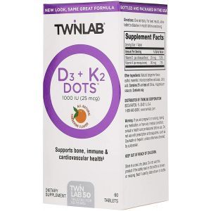 Витамин К2, Д3 (D3 Dots + K2), Twinlab, мандарин, 60 таблеток