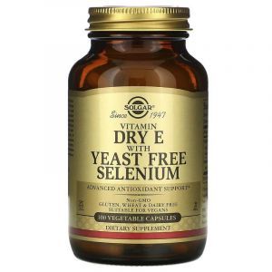 Витамин Е сухой, Vitamin E, Solgar, с селеном без дрожжей, 100 вегетарианских капсул  